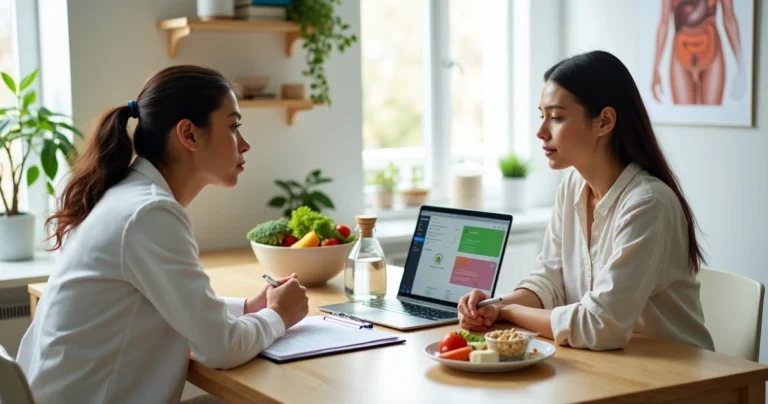 Nutricionista em consulta fazendo anamnese alimentar de paciente vegetariano