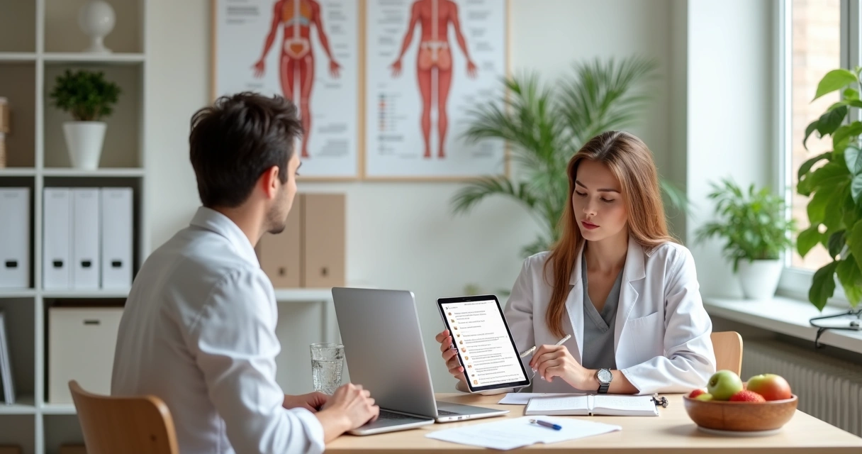 Nutricionista usando checklist digital em consulta com paciente