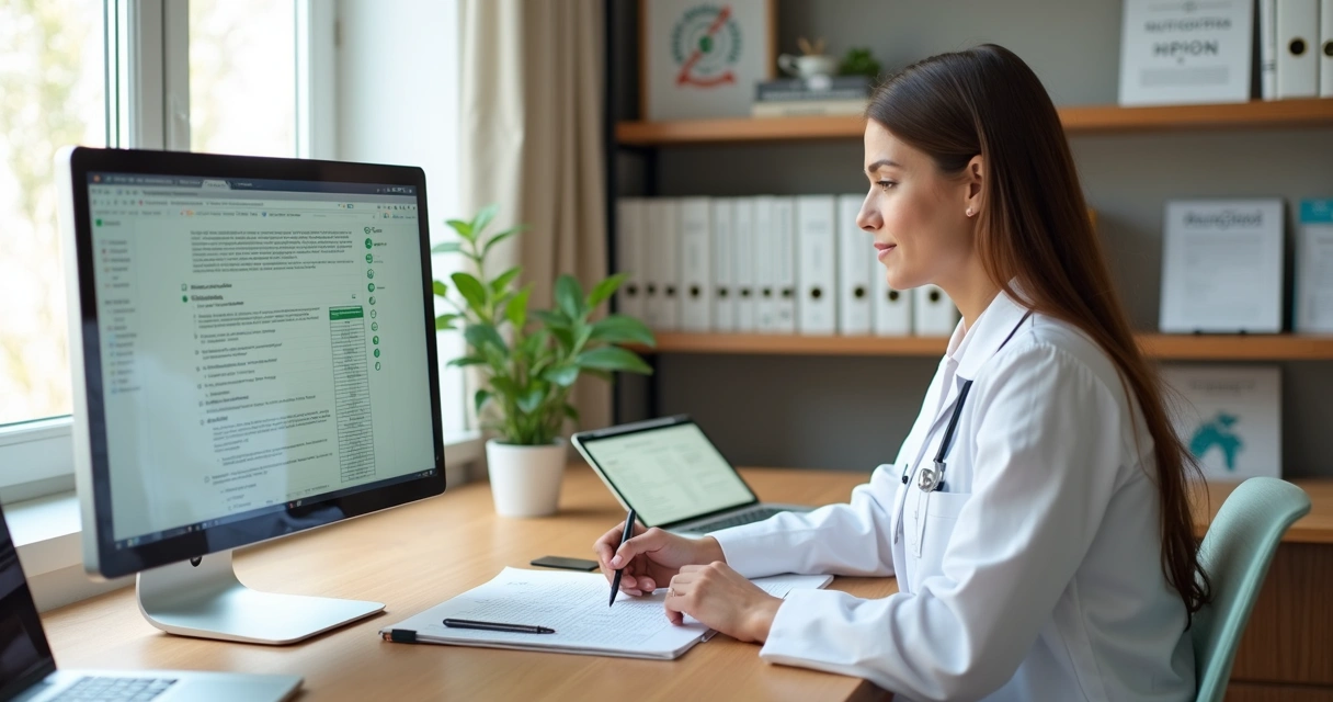 Nutricionista revisando checklist de protocolos com regulamentos em tela de computador