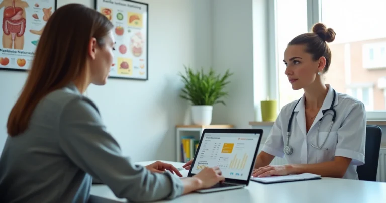 Nutricionista conversando com paciente em consulta pós-bariátrica, em escritório moderno de consultório