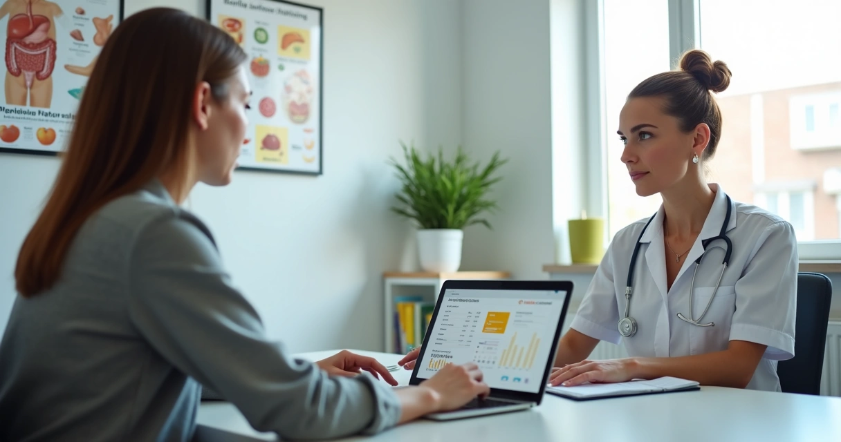Nutricionista conversando com paciente em consulta pós-bariátrica, em escritório moderno de consultório