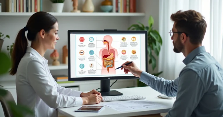 Nutricionista orientando paciente sobre exames de intolerância alimentar em consulta