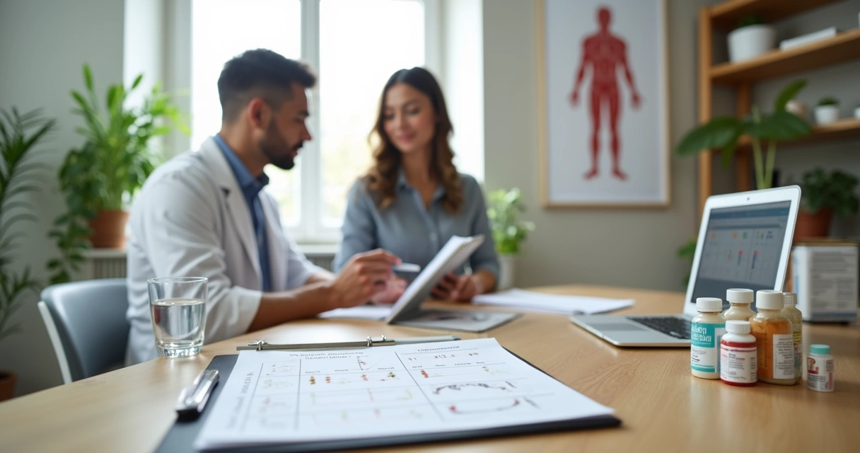Nutricionista orientando paciente sobre suplementos durante jejum intermitente