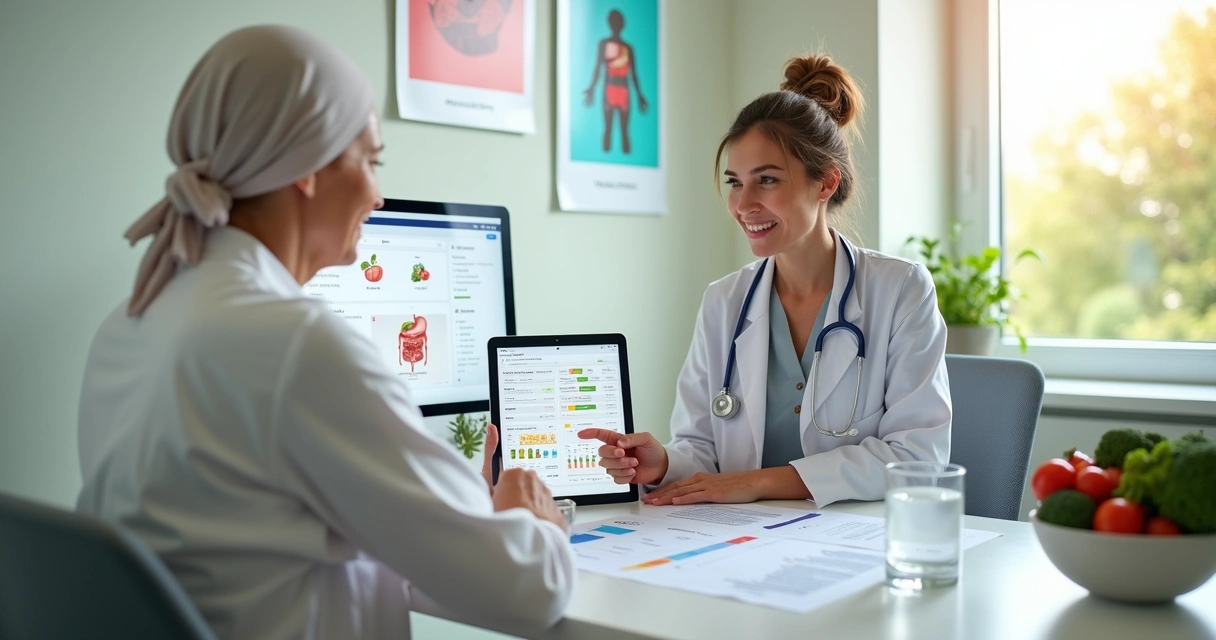 Nutricionista em consulta oncológica analisando exames e orientando paciente