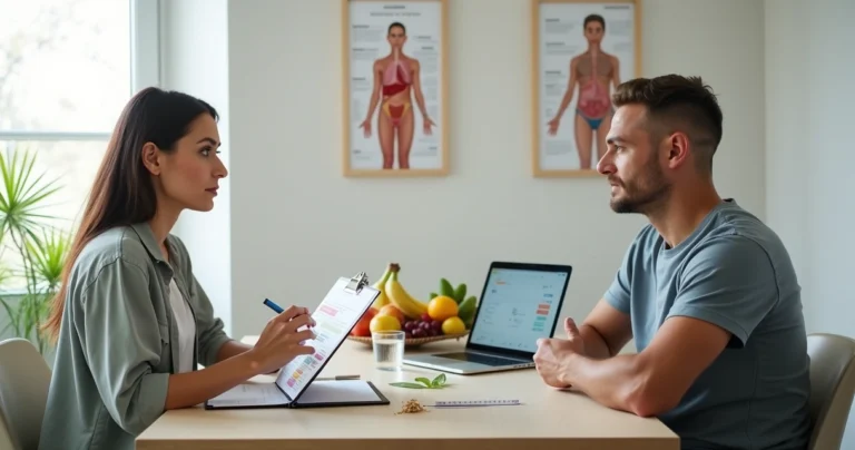 Nutricionista conversando com paciente resistente durante consulta de alimentação
