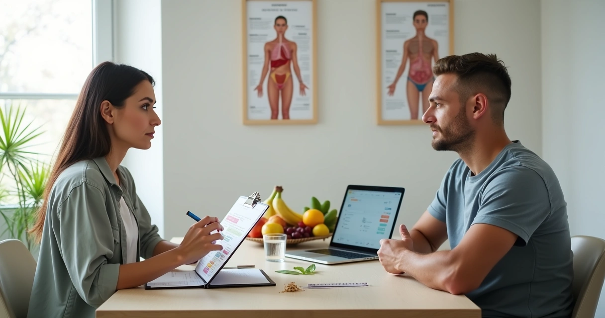 Nutricionista conversando com paciente resistente durante consulta de alimentação