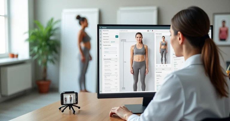 Nutricionista registrando evolução corporal de paciente com fotos no prontuário digital