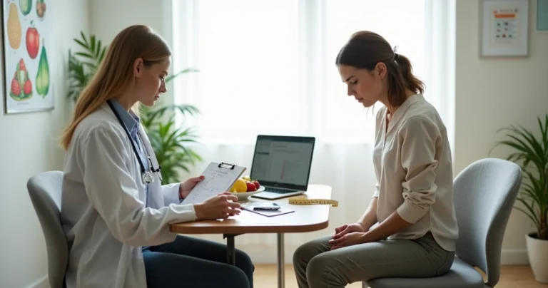 Nutricionista conversando com adulto em consultório analisando possíveis sinais de transtorno alimentar