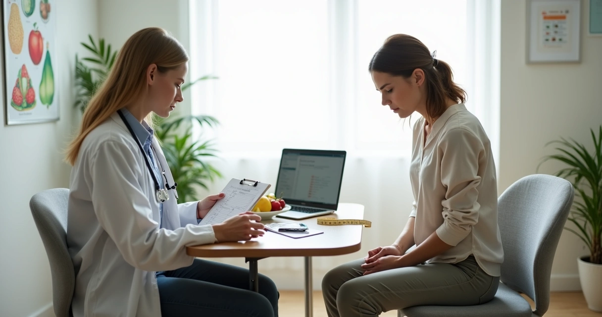 Nutricionista conversando com adulto em consultório analisando possíveis sinais de transtorno alimentar