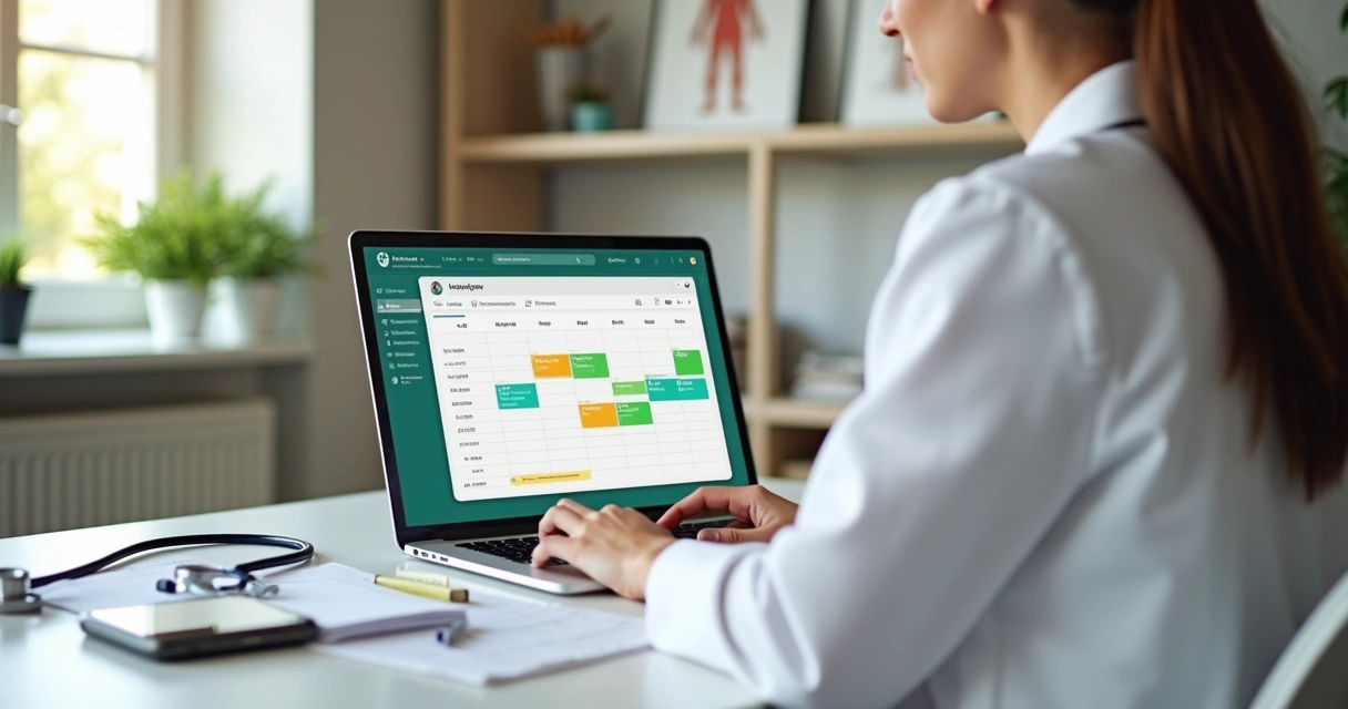 Nutricionista usando sistema de agendamento online em notebook em consultório moderno