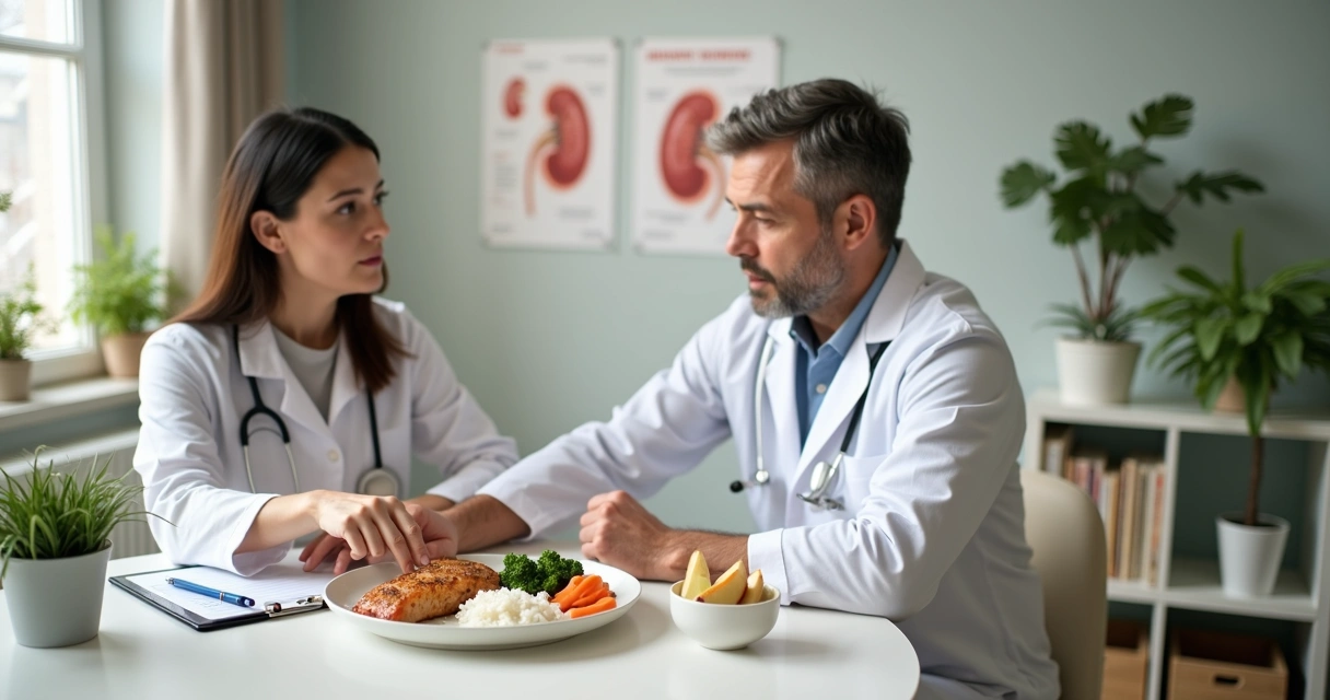 Nutricionista orientando paciente com doença renal diante de prato com alimentos saudáveis