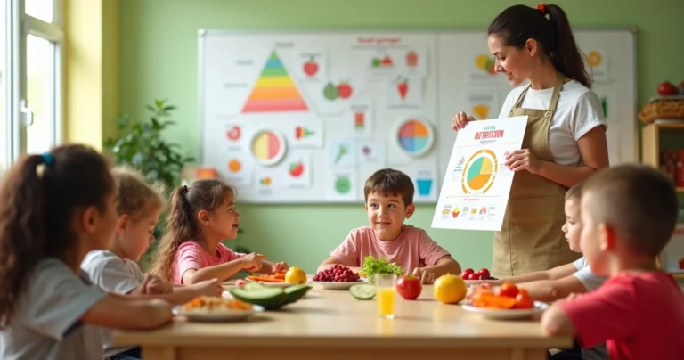 Crianças em sala de aula aprendendo sobre alimentação saudável com frutas e legumes na mesa
