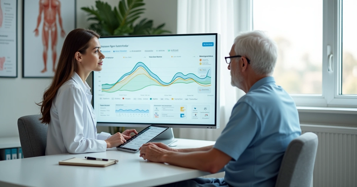Nutricionista analisando sinais clínicos de idoso em gráfico digital