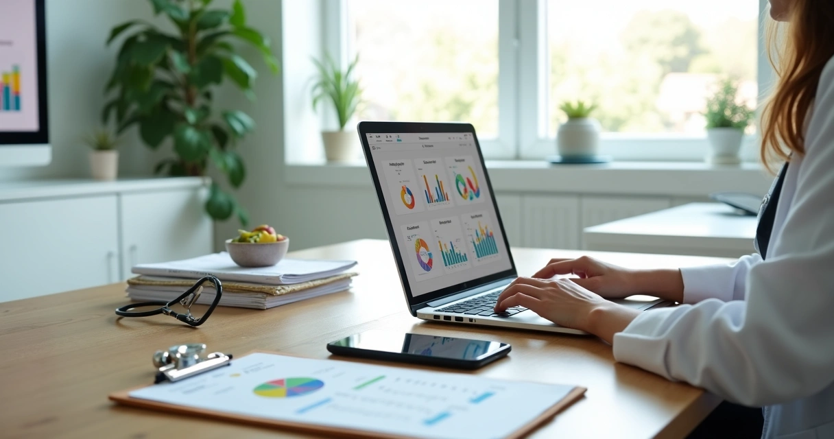 Nutricionista em consultório moderno usando notebook com gráficos e agenda digital na tela