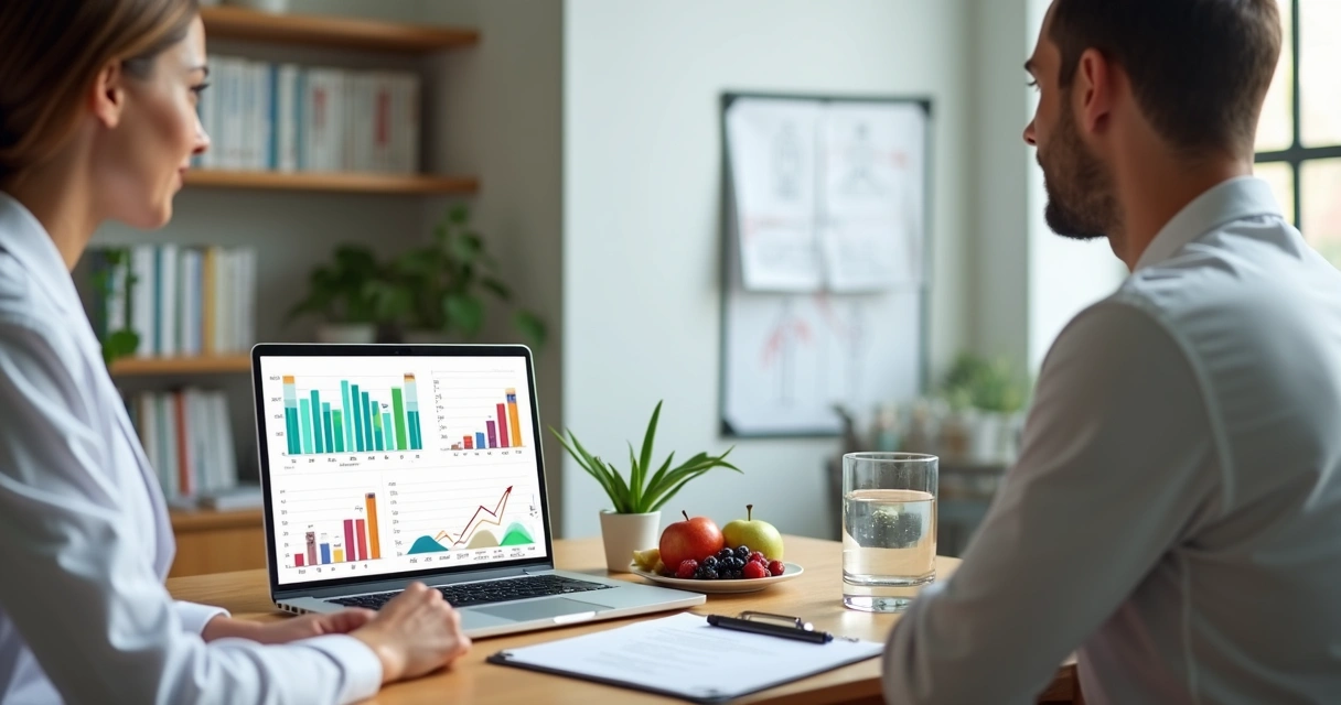 Nutricionista analisando gráficos de adesão com paciente em consulta