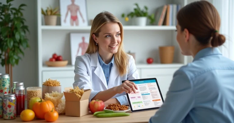 Nutricionista analisando consumo de ultraprocessados com paciente em consultório