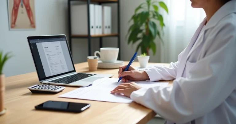 Nutricionista preenchendo recibo de consulta em consultório organizado