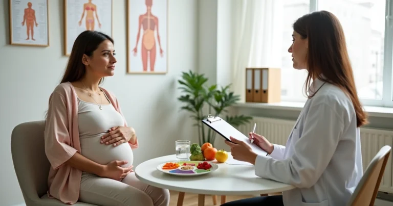 Nutricionista conversando com gestante durante avaliação do histórico alimentar