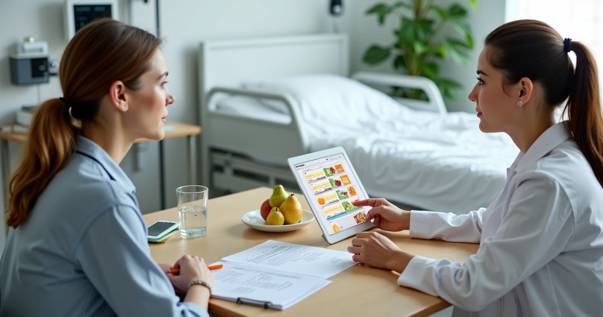 Nutricionista orientando paciente após alta hospitalar com tablet e plano alimentar