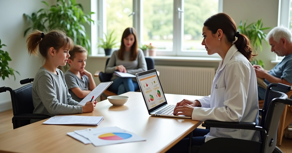 Nutricionista atendendo paciente com necessidades especiais em consultório acessível