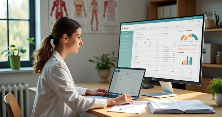 Nutricionista migrando de prontuário em papel para prontuário digital em clínica moderna