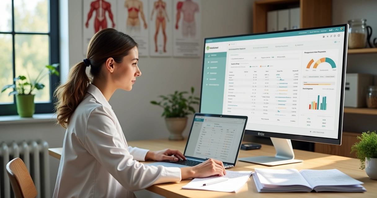 Nutricionista migrando de prontuário em papel para prontuário digital em clínica moderna