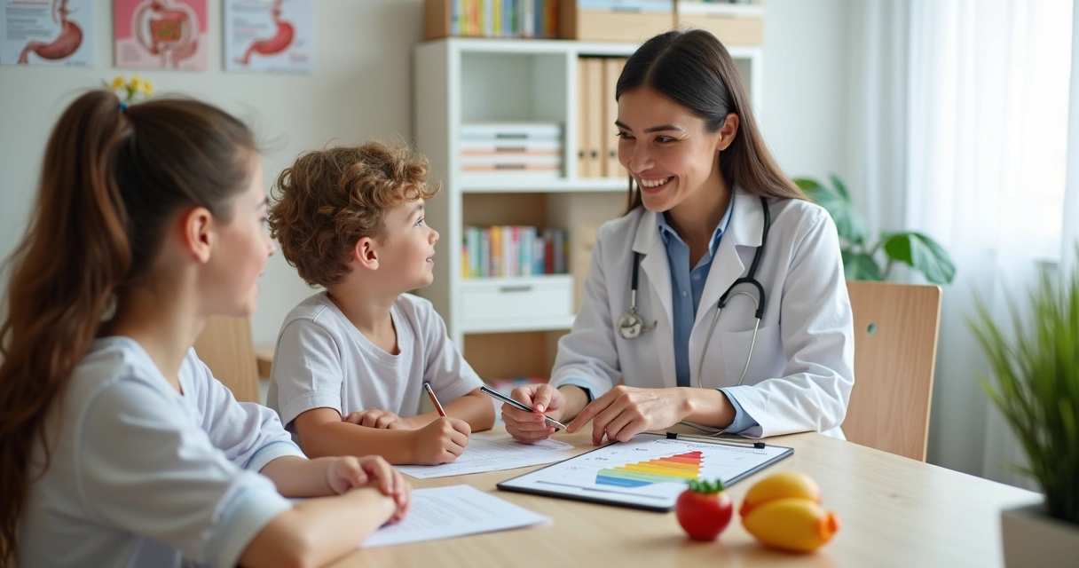 Nutricionista orientando criança e mãe sobre alimentação saudável em consulta
