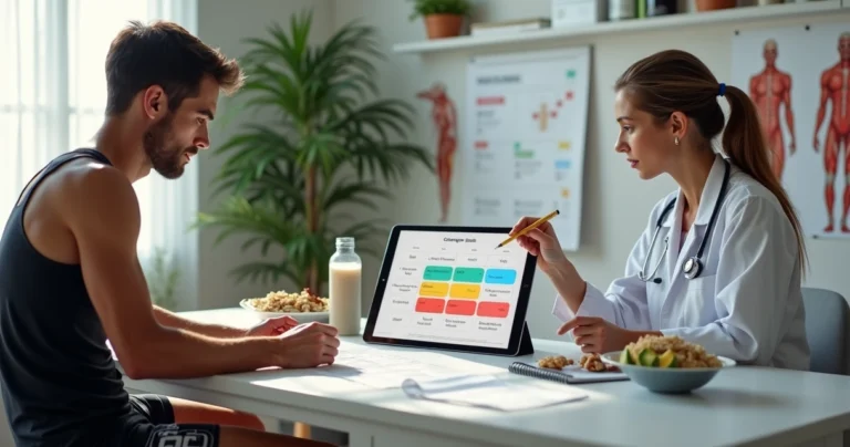 Nutricionista esportivo orientando atleta experiente sobre plano alimentar periodizado