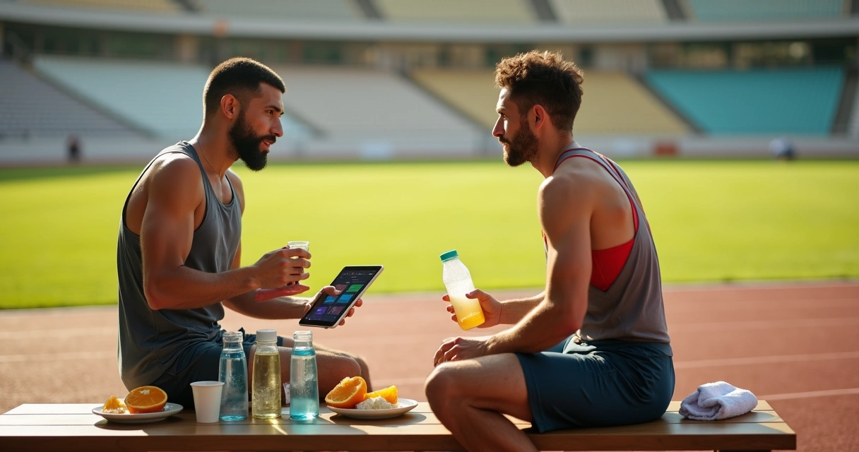 Nutricionista orientando atleta sobre hidratação e sais minerais no banco de reservas