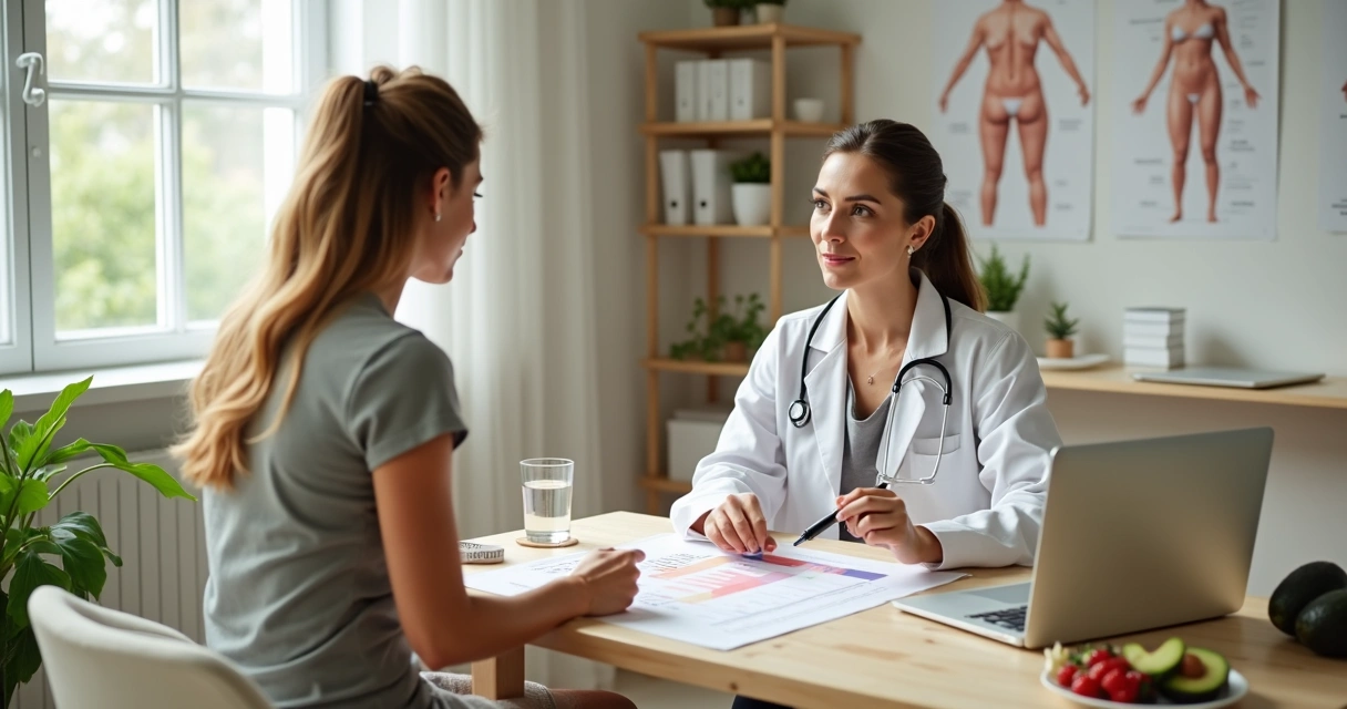 Nutricionista orientando mulher sobre jejum intermitente em consulta clínica