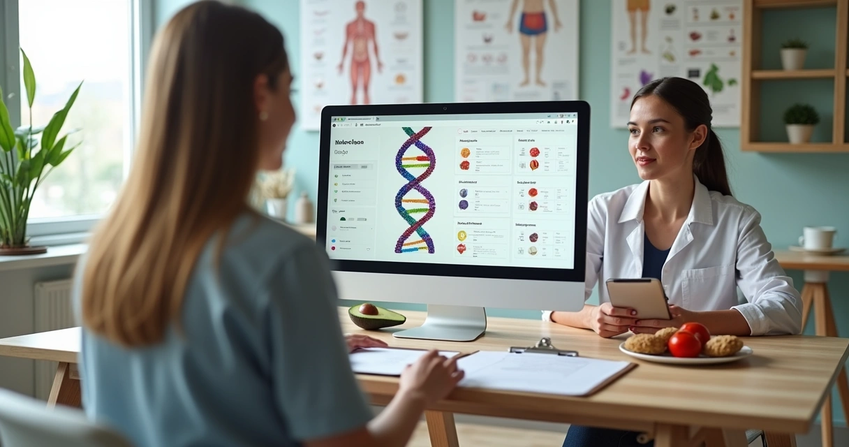 Nutricionista analisando DNA e plano alimentar personalizado em mesa de consultório moderno