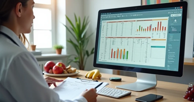 Nutricionista analisando recordatório alimentar de 24 horas no computador com paciente