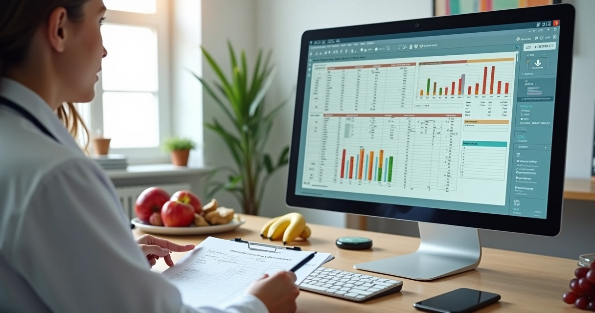 Nutricionista analisando recordatório alimentar de 24 horas no computador com paciente