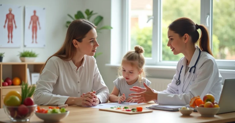 Nutricionista conversando com criança e mãe sobre rotina alimentar saudável