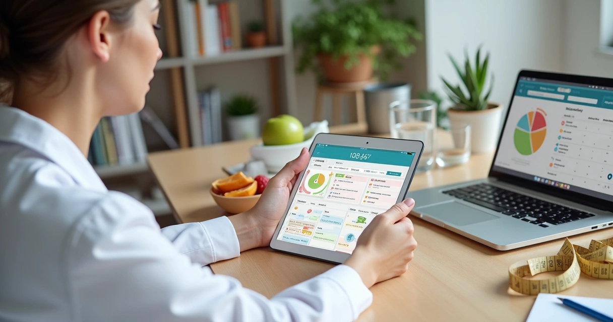 Nutricionista analisando diário alimentar digital em tablet ao lado de paciente