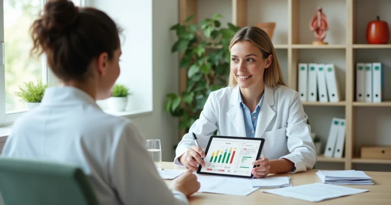 Nutricionista mostrando resultados de exames em tablet para paciente sentado em consultório