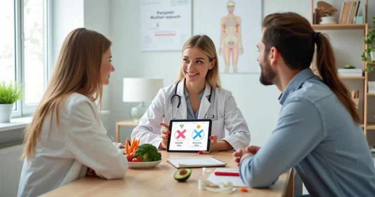 Nutricionista conversa com paciente resistente usando tablet e alimentos sobre a mesa