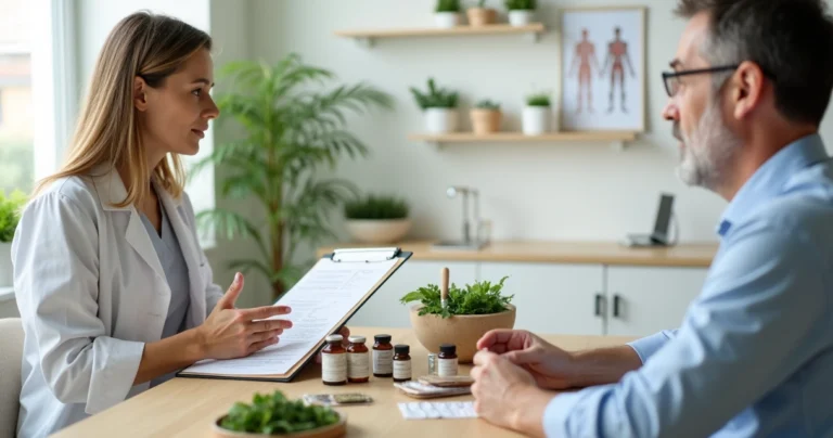 Nutricionista orientando paciente sobre uso de fitoterápicos na consulta