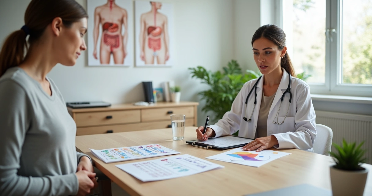 Nutricionista e paciente analisando sintomas gastrointestinais em consulta