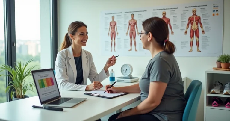 Nutricionista orienta paciente sedentário em consultório moderno