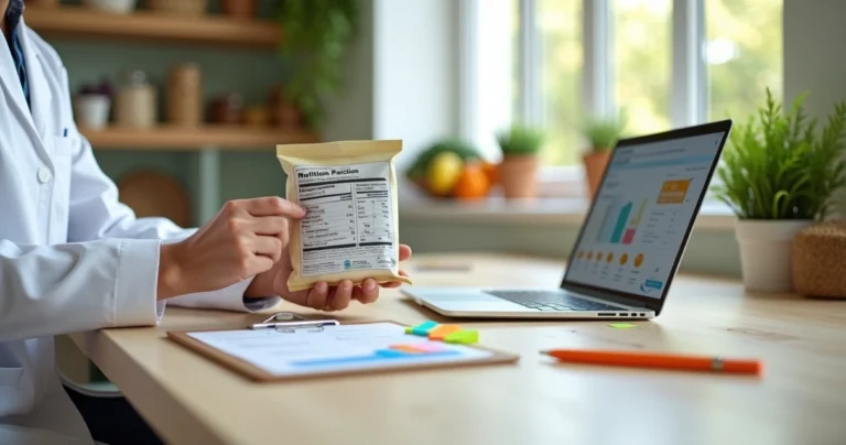 Nutricionista analisando rótulo nutricional moderno em embalagem de alimento