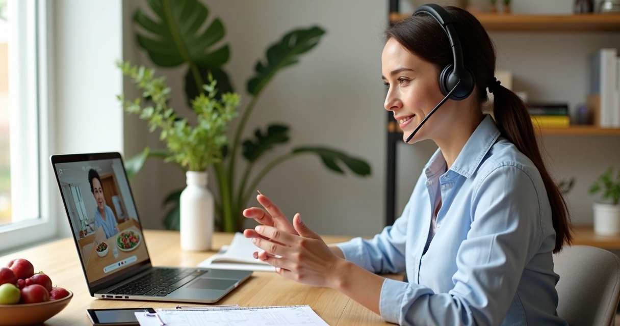Nutricionista em teleatendimento orientando paciente sobre alimentação saudável