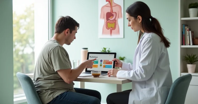 Nutricionista orientando paciente em pós-operatório de cirurgia metabólica em consultório