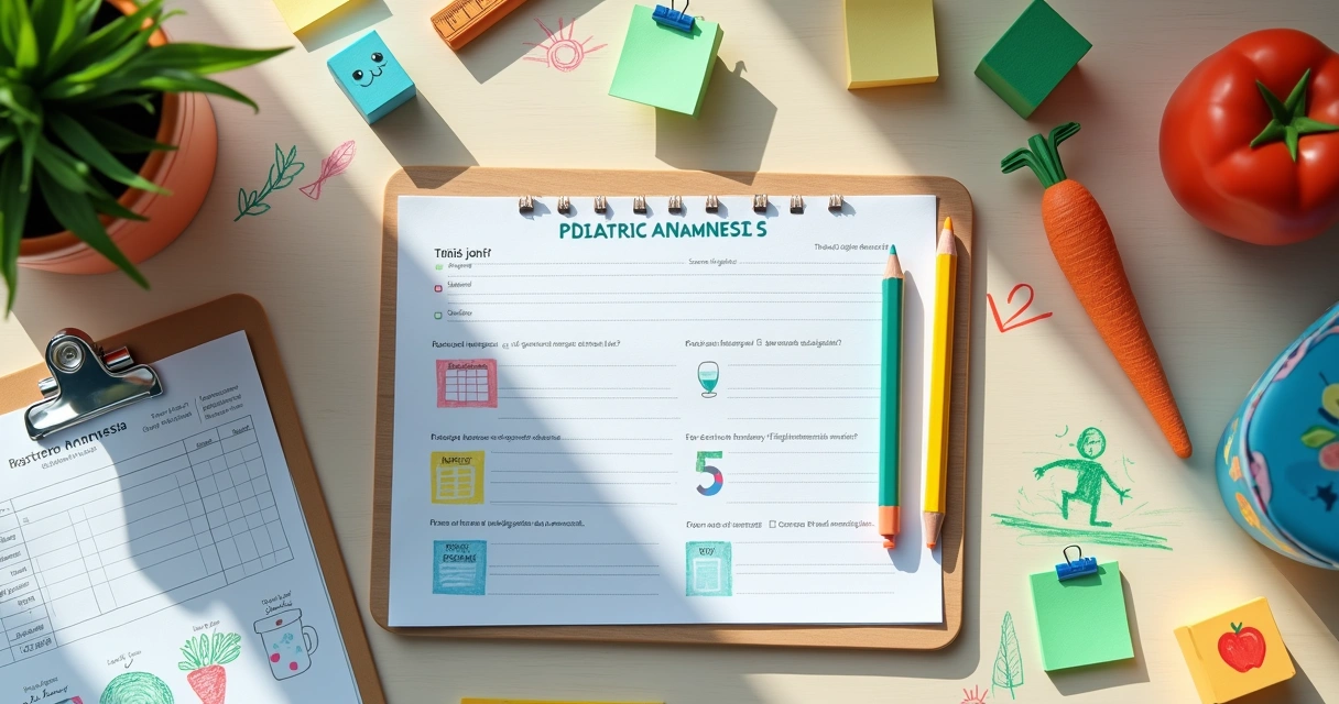 Mesa com ficha de anamnese pediátrica cercada por desenhos de crianças e alimentos saudáveis