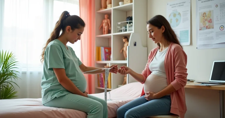 Nutricionista avaliando gestante adolescente com fita antropométrica em ambiente acolhedor
