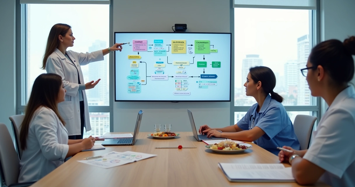 Painel com fluxograma colorido sobre atendimento de doenças raras em sala de equipe multidisciplinar