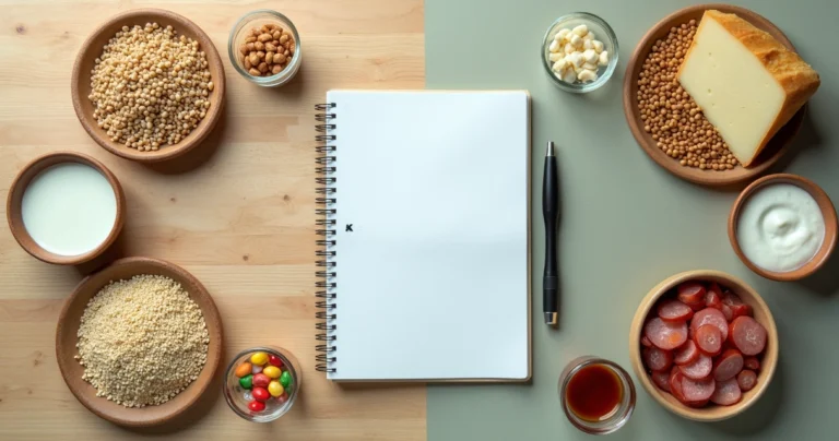 Táboa dividida com alimentos comuns de intolerâncias separados e rotulados