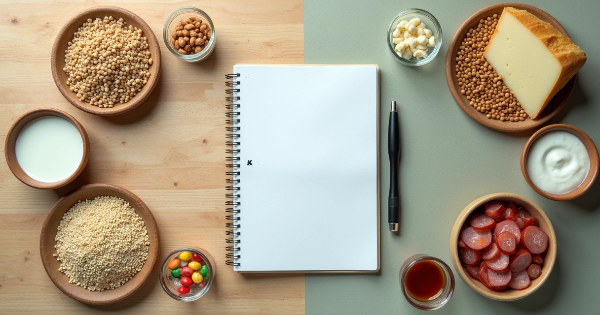 Táboa dividida com alimentos comuns de intolerâncias separados e rotulados