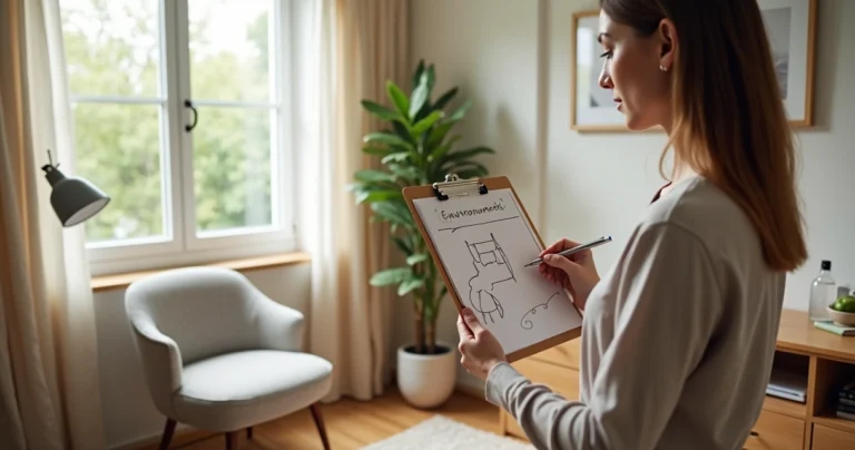 Nutricionista em consultório marcando mapa de fatores ambientais em prancheta