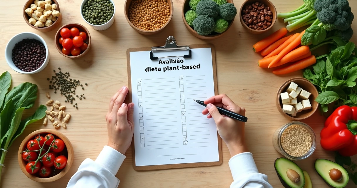 Mesa organizada com alimentos e questionário sobre dieta plant-based